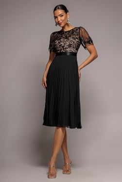 Goddiva Embroidered Top Chiffon Pleated Midi - Black