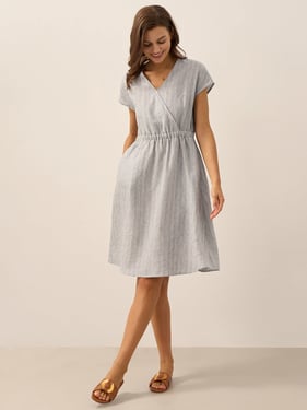 100% Linen Striped Elastic-Waist Midi Dress ARIA - Glacier Stripe / XXL