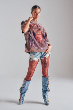 AKIRA Sacred Hearth Rhinestone Distressed T-Shirt | Brown | Size XL
