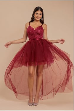 Goddiva High Low Tulle Mini With Lace Bodice - Wine