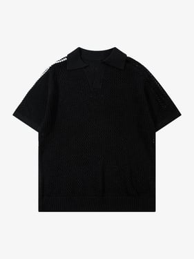 Knitted Short Sleeve Polo Sweater - Black / L