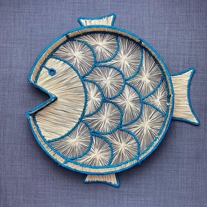 Fish Round Handwoven Decorative Iraca Tray - Light Blue