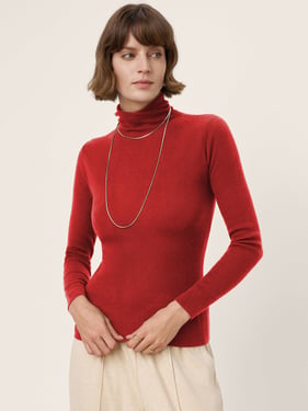 100% Extra-Fine Merino Wool Turtleneck Knit Sweater JOLENE - Ruby Red / L