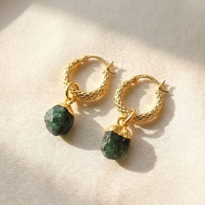 Raw Emerald May Birthstone Huggie Hoops Gold Vermeil Plated Gemstone Earrings