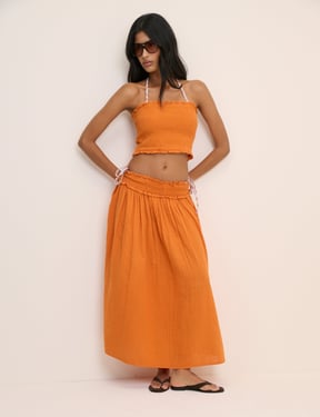 Orange Shirred Bandeau Top
