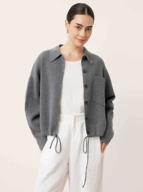 Wool Drawstring Hem Shirt Jacket SINEAD - Charcoal Grey / L
