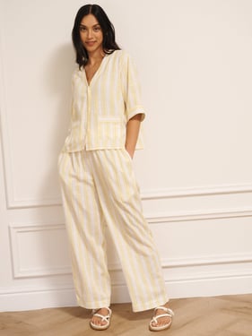 Womens Buttermilk Yellow Stripe Linen Blend Boxy Top And Trouser Coordinates - 3XL / 22-24 / White