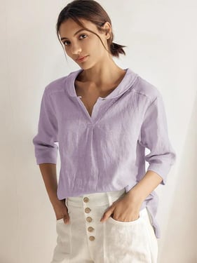 100% Linen Stripe Shawl V-Neck Half Sleeve Top - Lavender / XXL