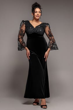 Goddiva Plus Scalloped Lace & Velvet Maxi Dress - Black