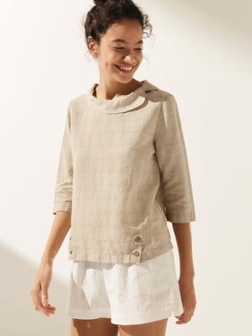 Linen Gingham Checked Round Soft-Fold Collar Top LAURA - Willow Cream / XXL