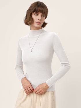 100% Extra-Fine Merino Wool Mock Neck Knit Sweater TIA - Optic White / L