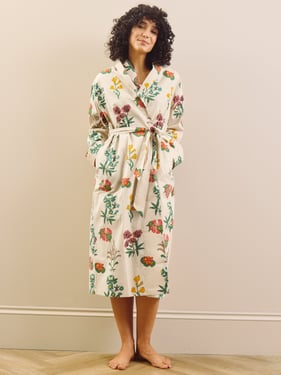 Womens Cotton Grandpa Robe Natural Wallpaper Floral - XXL / 20-22 / Natural