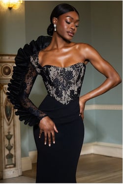 Goddiva One Shoulder Organza  Fan Detail Lace Bodice Midi Dress - Black