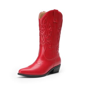 DREAM PAIRS Women   s Embroidered Pointed Toe Mid Calf Western Boots