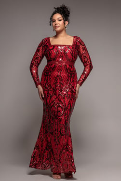 Goddiva Plus Sequin Square Neck Maxi With Scallop Hem - Red