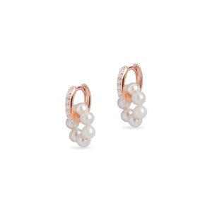 Diamond Huggies and Tiny Circle Pearl Charm Rose Gold Earring Set
