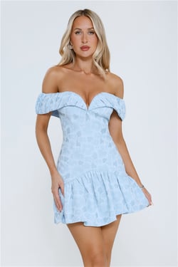 Bright Eyes Club Off Shoulder Mini Dress Blue