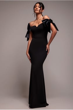 Goddiva Scuba Off The Shoulder Velvet Bow Maxi Dress - Black
