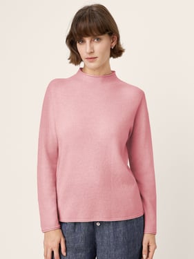 100% Mongolian Cashmere Seamless Rolled-Edge Mock Neck Sweater JANIE - Pastel Pink / XL