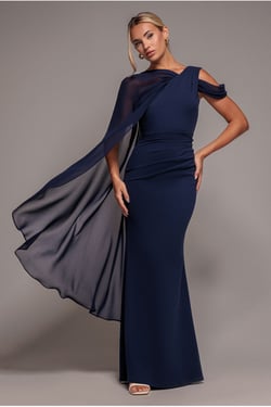 Goddiva One Shoulder Chiffon Cape Crepe Maxi Dress - Navy Blue