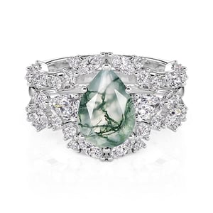 Jeulia Olivetta Pear Cut Moss Agate Ring Set
