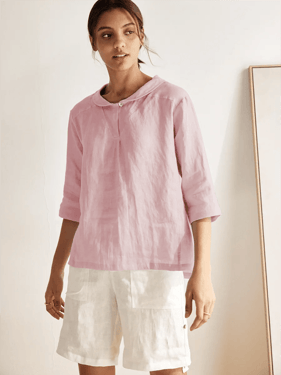 100% Linen Stripe Shawl V-Neck Half Sleeve Top - Pastel Pink / XXL