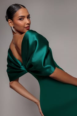 Goddiva Off Shoulder Back Satin Bow Wrap Crepe Midi Dress - Emerald Green
