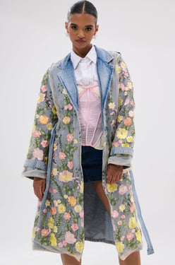 AKIRA Life In Color Floral Denim Trench Coat | Size 1X