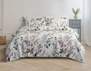 QE Home Simone Cotton Quilt Set, Floral, White, Super King