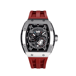 TSAR BOMBA Men's Automatic Watch | Silver Red | The Elemental TB8210CF | 316L Stainless Steel Bezel | Luxury Skeleton Mechanical Watch | Sapphire Glass 50M Waterproof FKM Rubber Strap