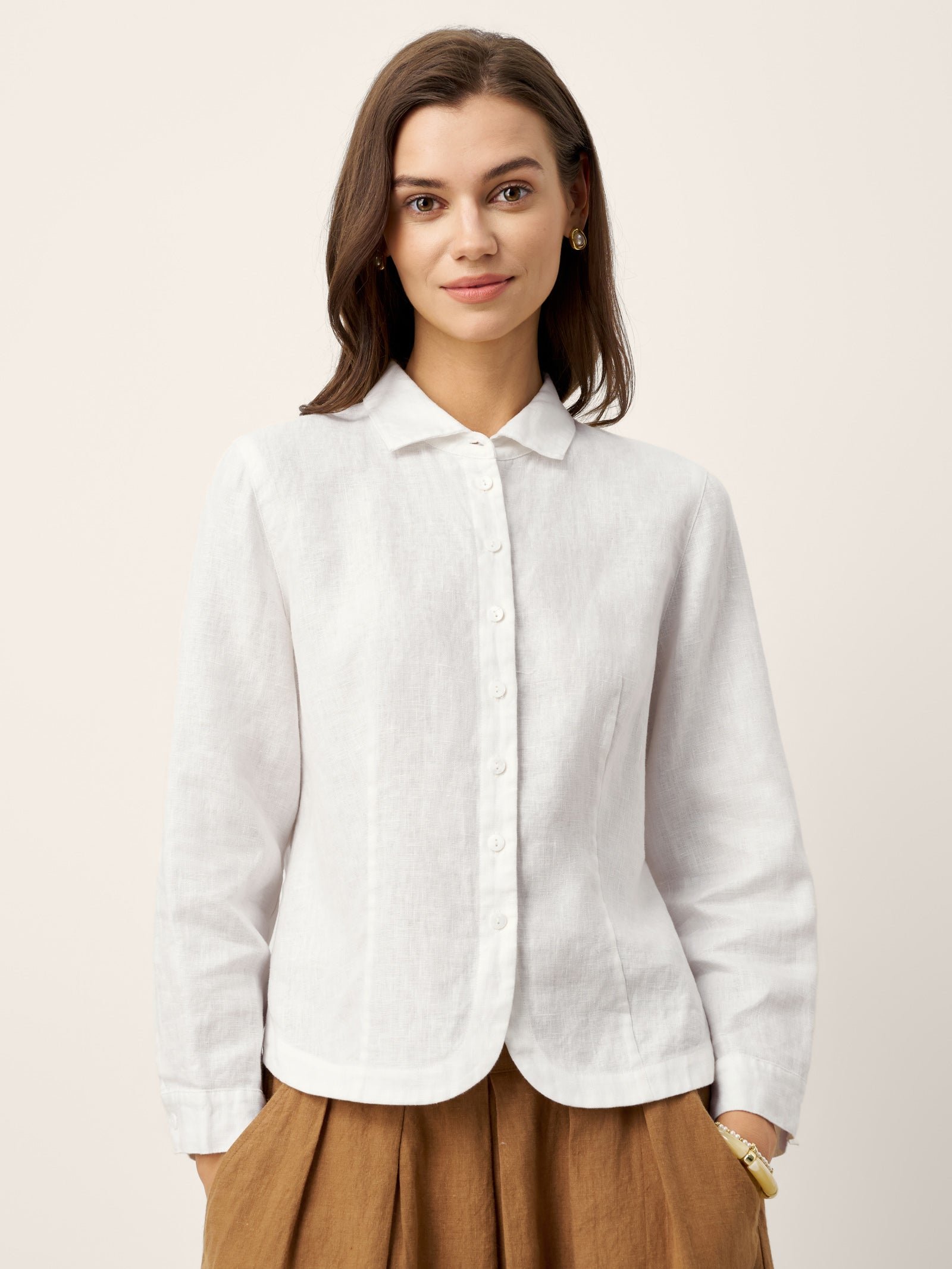100% Linen Front Button Closure Tailored Shirt AVELINE - Optic White / XXL