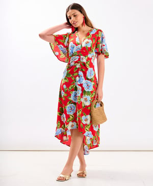 Red Oversize Floral Ruche Midi Dress - 8