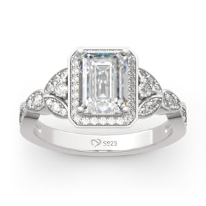 Jeulia Leaf Design Emerald Cut Sterling Silver Ring