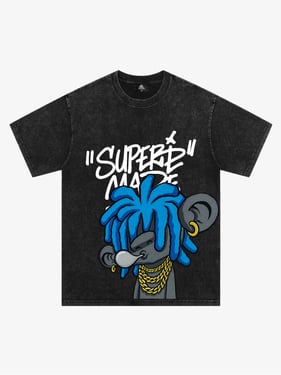 Thesupermade Graffiti Trend Blue Dreadlock Boy T-Shirt - Washed Black / XXL