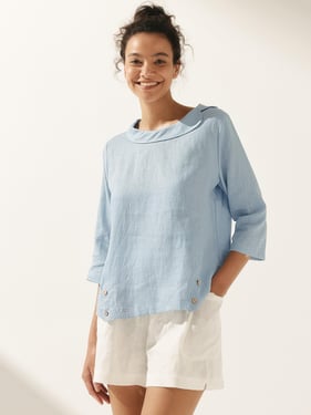 Linen Round Soft-Fold Collar Top ANAIS - Ice Blue / XXL