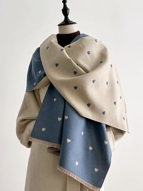 Double-Sided Heart-Jacquard Fringed Scarf - Blue Heart / One Size
