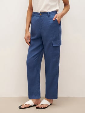 100% Linen Cargo Tapered Trousers with Patch Pockets JESSE - Nautical Blue / XXL