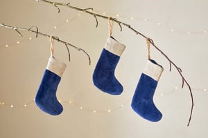 nkuku Karru Cotton Velvet Mini Stockings Set Of 3 | Christmas Decorations | Indigo