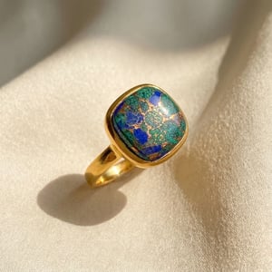 Azurite and Malchite Gemstone Gold Plated Ring - K (50mm)