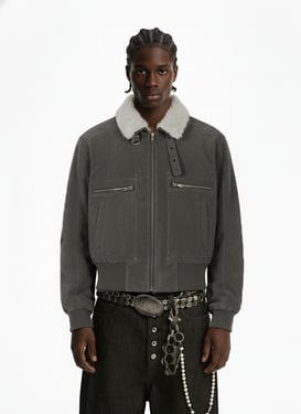 Utility Faux Shearling Collar Suede Look Zip Up Jacket - Gray / L