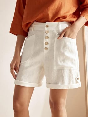 Linen Button-Fly Quarter Shorts LUCY - Off White / S