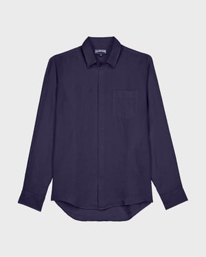 Vilebrequin - Men Linen And Cotton Shirt Jacquard Turtle Monogram - Shirt - Caroubis - Blue - Size XXXL