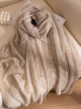 100% Cashmere Printed Hand-Knit Shawl Scarf - Oatmeal / One Size