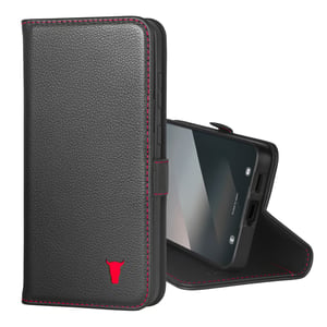 Galaxy S25+ Leather Case (with Stand Function) - Black with Red Detail