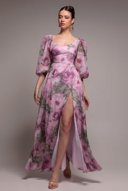 Goddiva Puff Sleeve A-Line Printed Chiffon Maxi Dress With Split - Blush Pink