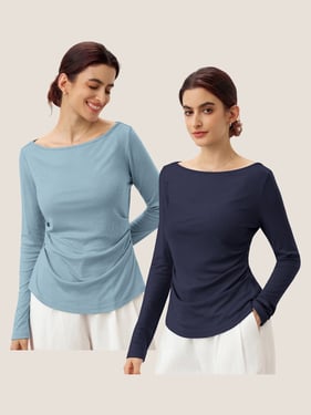 Wool Side Ruched Boat Neck Stretch Top VIVIEN - Aqua Blue/Midnight Navy / XXL