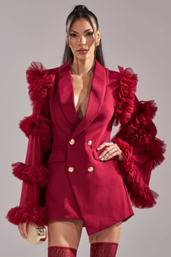 AKIRA Living Over The Top Ruffle Sleeve Blazer Mini Dress | Burgundy | Size 1X