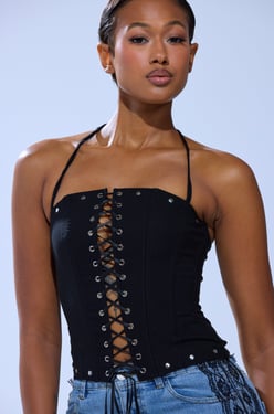 AKIRA Madison Lace Up Corset Top | Black | Size Small
