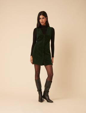 Khaki Green Cord Gianna Pinafore Mini Dress