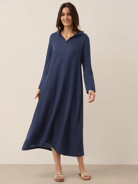 100% Linen Hooded Pullover Maxi Dress REBECCA - Navy Blue / XXL